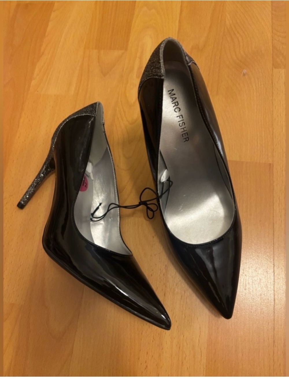 Marc Fisher Black Patent Pointed-Toe Pumps with Glitter Heel Accent